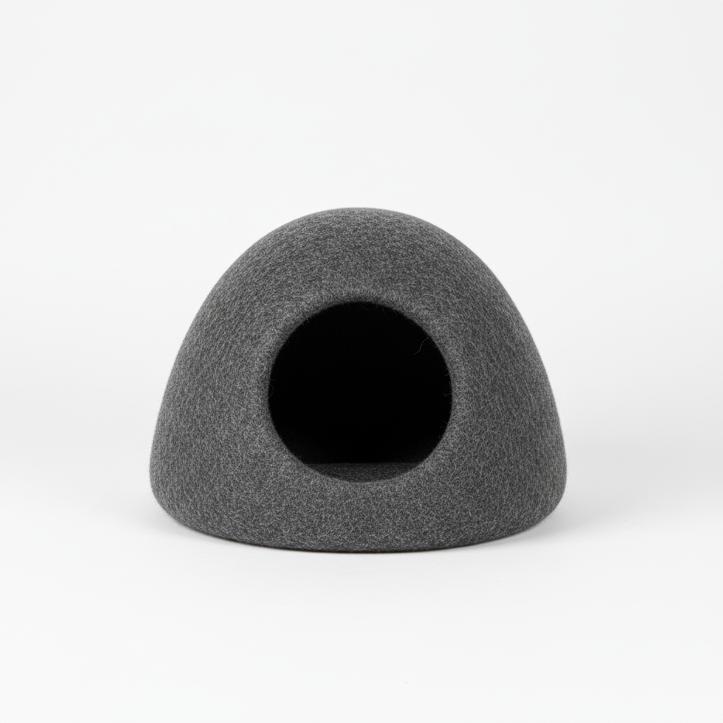 Felt wool cat cave pod bed in charcoal grey, front view
