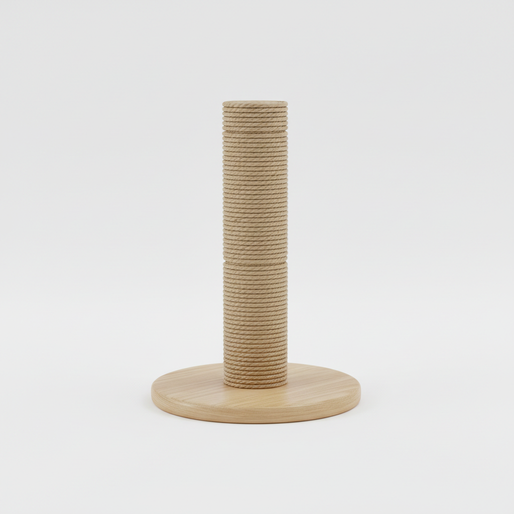 Sisal rope cat scratching post with natural sisal and light wood base, front view