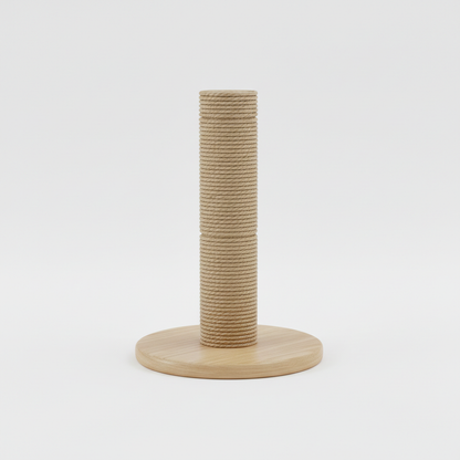 Sisal rope cat scratching post with natural sisal and light wood base, front view