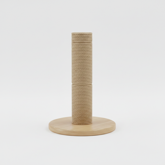 Sisal rope cat scratching post with natural sisal and light wood base, front view