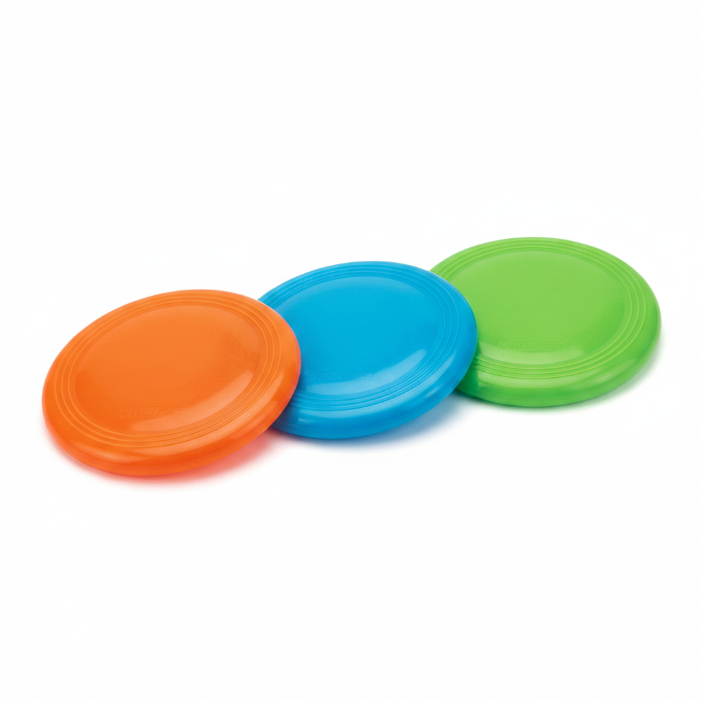 Three dog frisbees in orange, blue and green color options