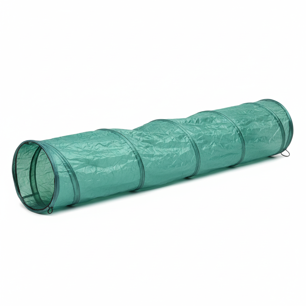 Teal green cat tunnel fully extended showing both open circular ends