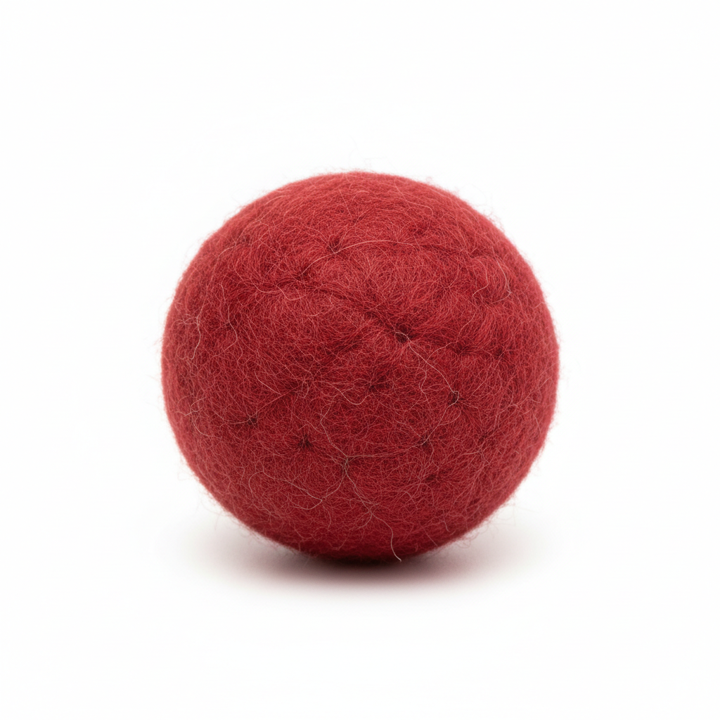 Close-up macro shot of red felt wool cat ball showing texture detail