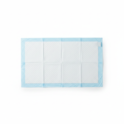 Single pet training pad laid flat showing white absorbent top and blue waterproof backing