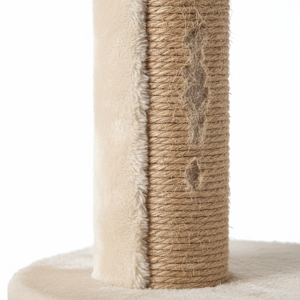 Close-up of natural sisal rope scratching post texture on cat tree