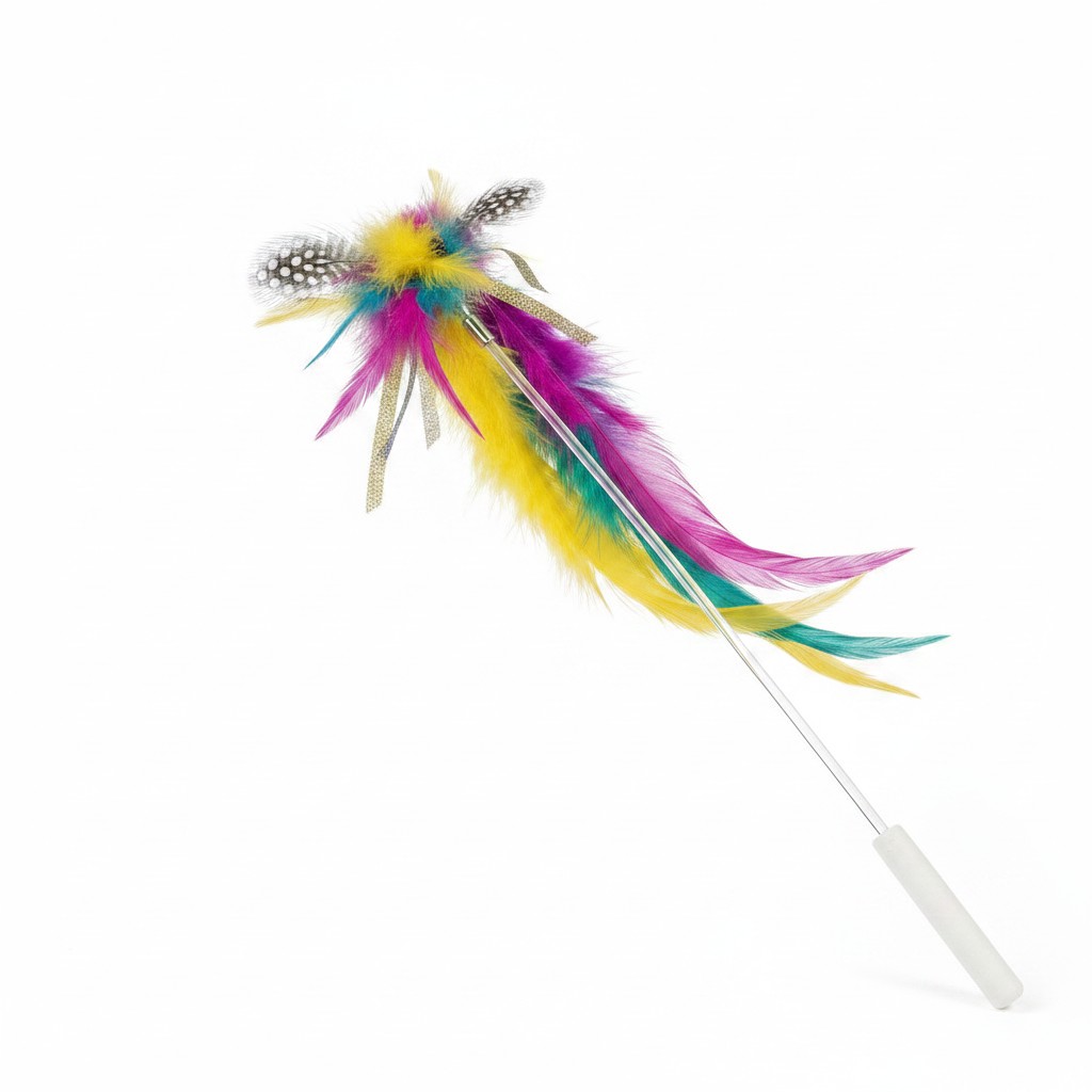Close-up of single cat feather wand showing handle and feather cluster tip detail