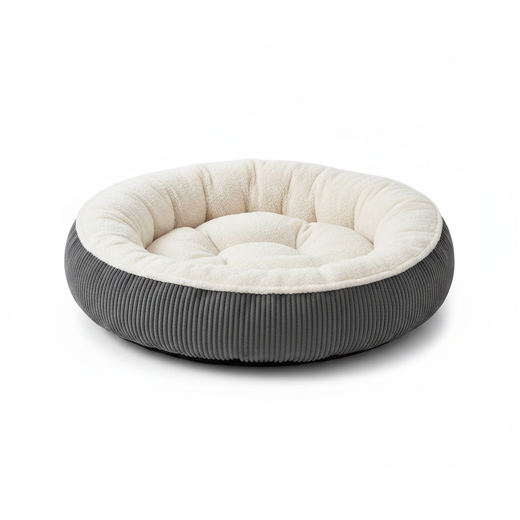 45-degree angle view of round dog bed showing depth and cushion thickness