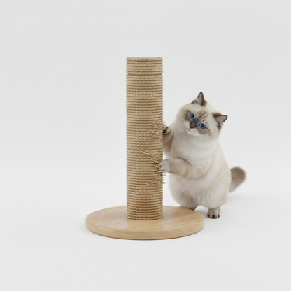Three-quarter low angle view of sisal rope cat scratching post and wooden base