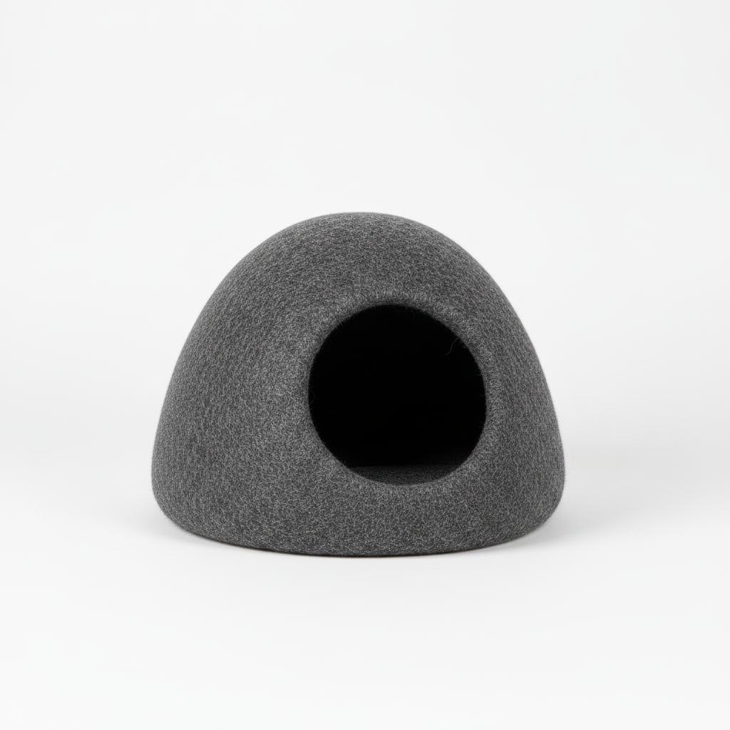 Three-quarter angle view of felt cat cave pod bed