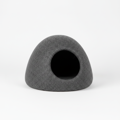 Three-quarter angle view of felt cat cave pod bed