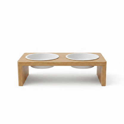 Front-facing view of elevated wooden pet feeder showing arch opening and both bowls