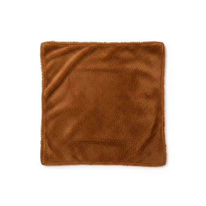 Caramel brown pet blanket laid flat, top-down view showing full square shape